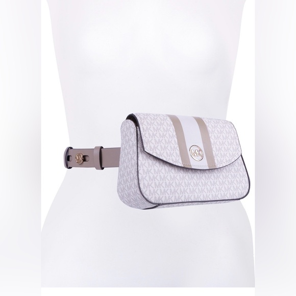 Michael Kors Handbags - Michael Kors White and Taupe Monogram Crossbody Belt Bag